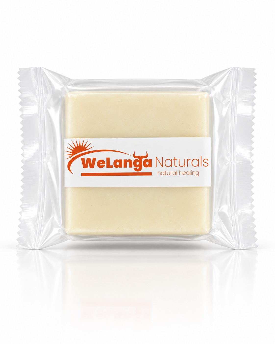 Light-coloured WeLanga Naturals bar in clear wrapping